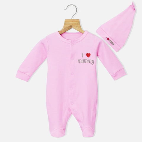 Pink I Love Mummy Embroidered Full Sleeves Footsie With Cap